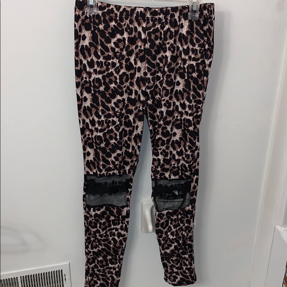 Animal print lace knee cut out Leggings